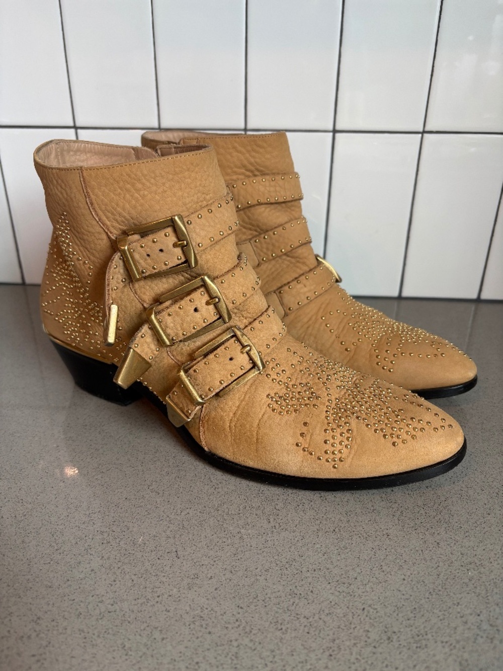 Chloe “Susanna” leather buckled studded ankle boots - size 38.5/8.5